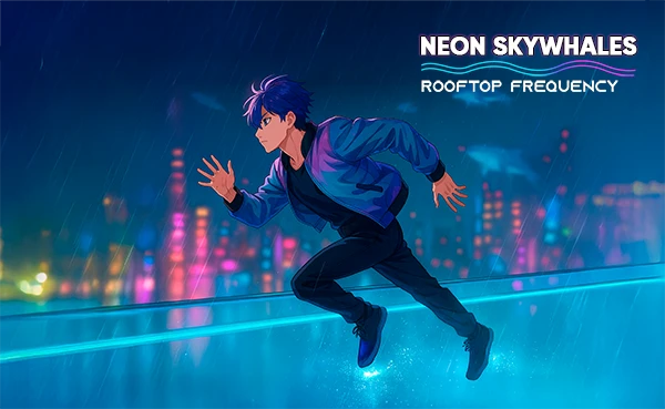Seon, el protagonista del videoclip animado Neon Skywhales: Rooftop Frequency, corriendo