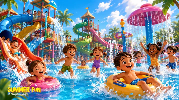 Ilustración en color de estilo animación familiar ambientada en un alegre parque acuático durante un día de verano. La escena muestra a un grupo de niños y niñas disfrutando de las atracciones: algunos se deslizan por toboganes de colores, otros juegan bajo chorros de agua, corren entre las fuentes o flotan en hinchables dentro de la piscina. El cielo azul, las palmeras, las estructuras llenas de color y las salpicaduras transmiten una sensación de energía, alegría y diversión sin parar. La imagen refleja uno de los grandes planes del verano: compartir juegos, risas y aventuras acuáticas con amigos.