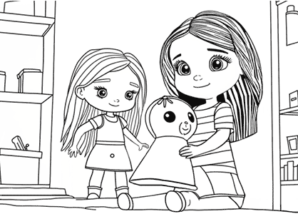 Dibujos para niñas. Dibujo de 2 niñas jugando en su habitación con una marioneta.