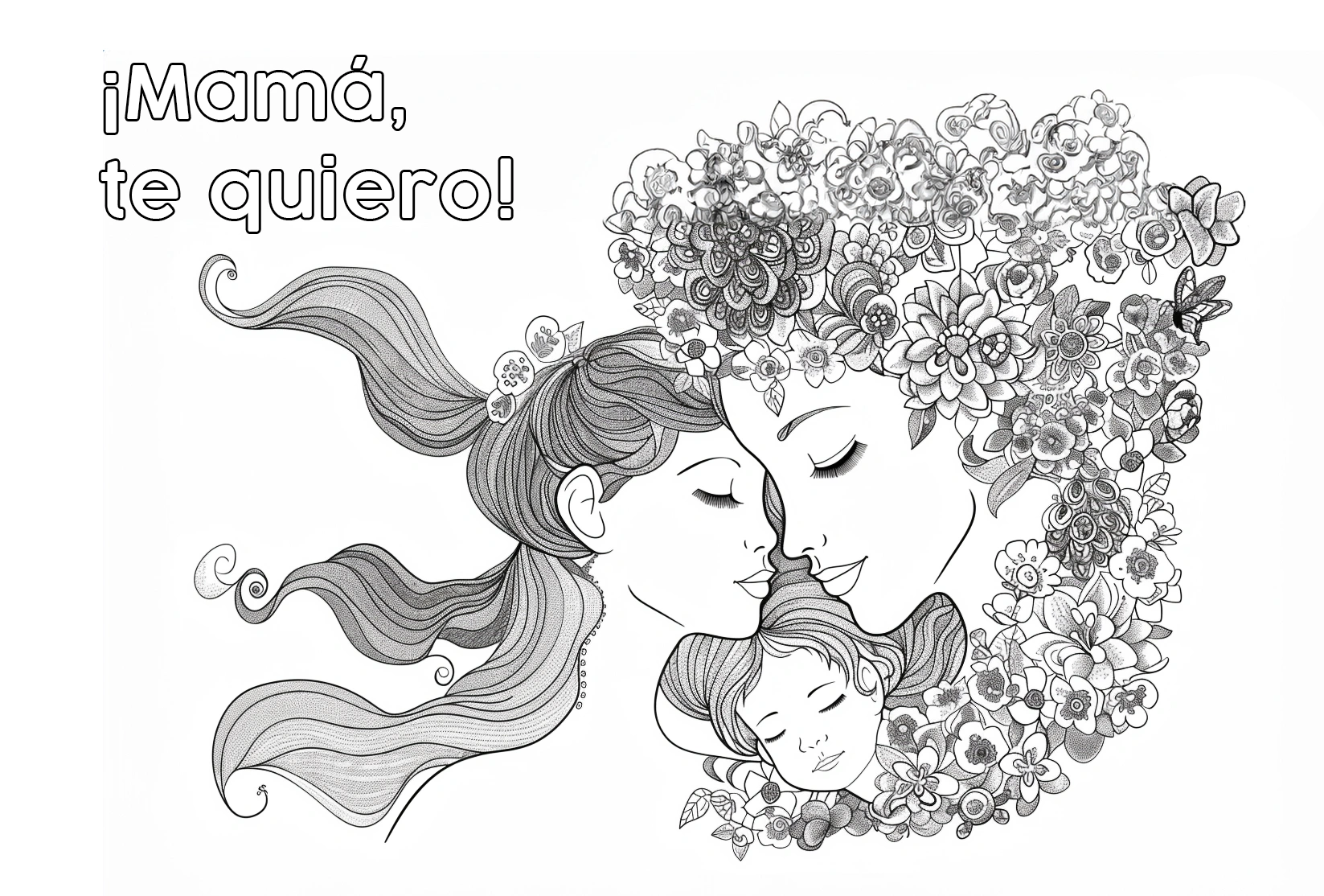 Dibujo para colorear con la frase ¡Mamá, te quiero!