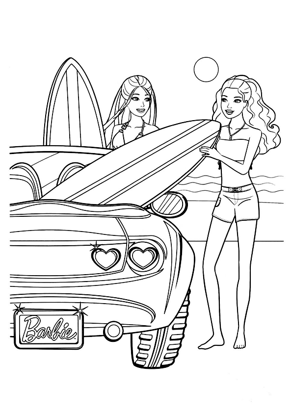 Coloring image of Barbie with her friend who are going to surf