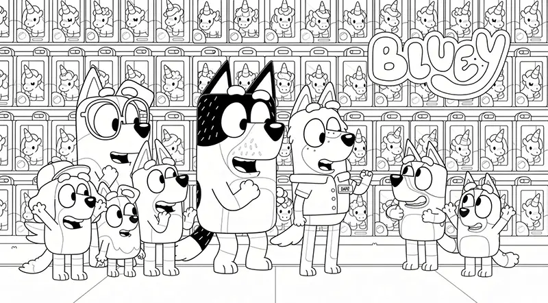 Color this scene featuring the characters from the Bluey series