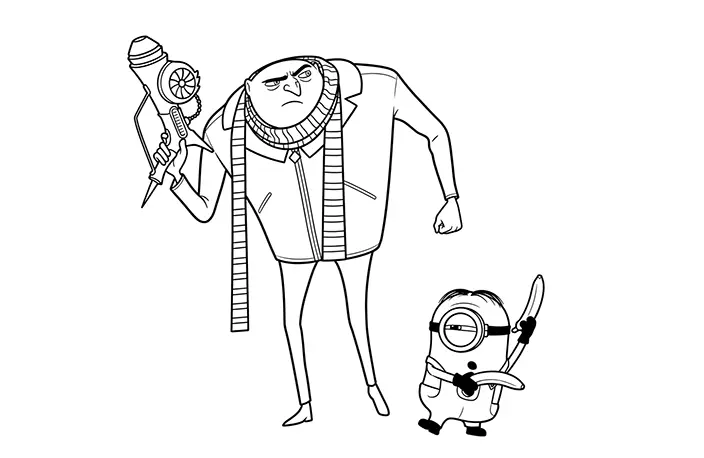 Gru, the main character of Despicable Me, along with Stuart, one of his Minions.