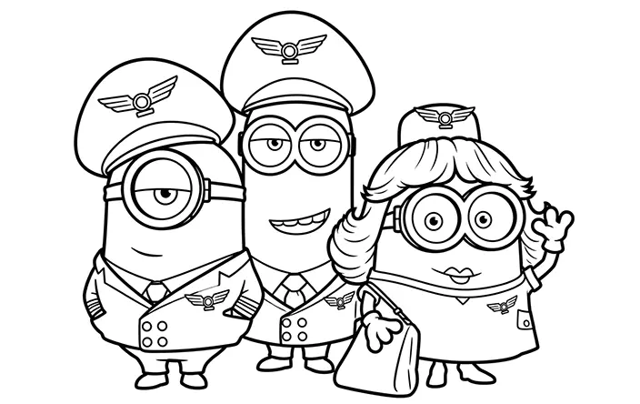 Kevin, Stuart, and Bob disguise themselves as pilots and a flight attendant for the airline Minion Air.