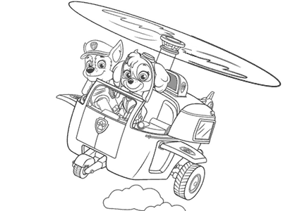 Drawing of the Paw Patrol puppies, Chase and Skye, in a helicopter