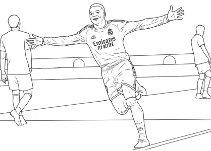 Drawing of Kylian Mbappé celebrating a goal for Real Madrid.