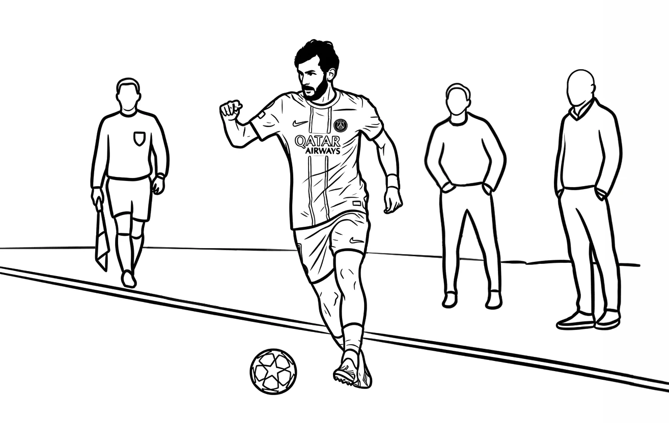 Coloring page of Khvicha Kvaratskhelia playing with Paris Saint Germain