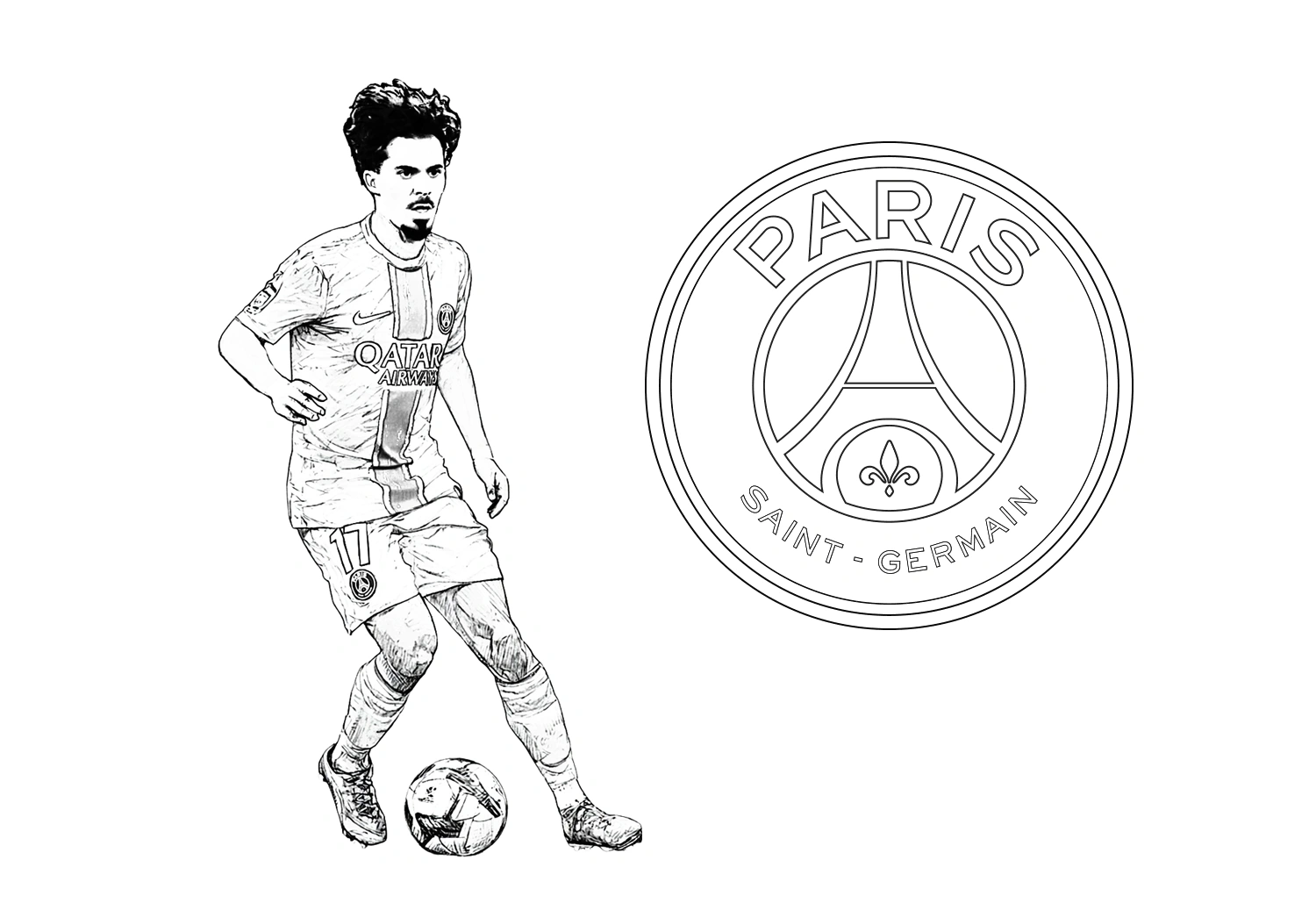 
Drawing of the footballer Vitinha with the Paris Saint-Germain crest