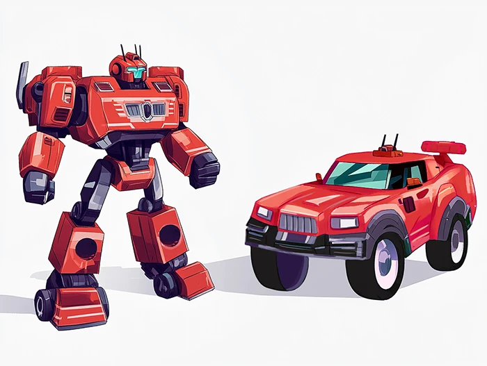 Red Transformer robot with its vehicle version