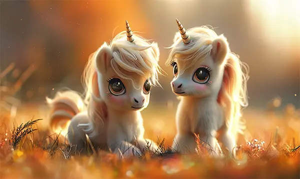 Image of a pair of baby unicorns in a meadow.