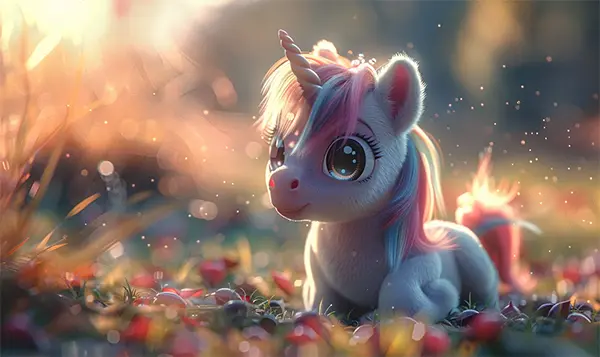 Image of a baby unicorn sitting in a meadow.