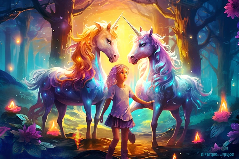 Illustration of two unicorns with a girl in an enchanted forest