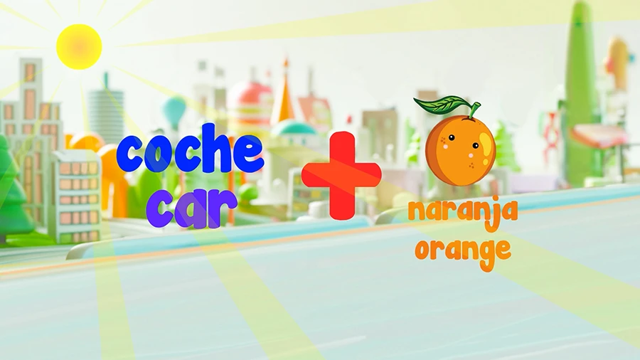 Aprender inglés. Un coche más una naranja. A car plus an orange.