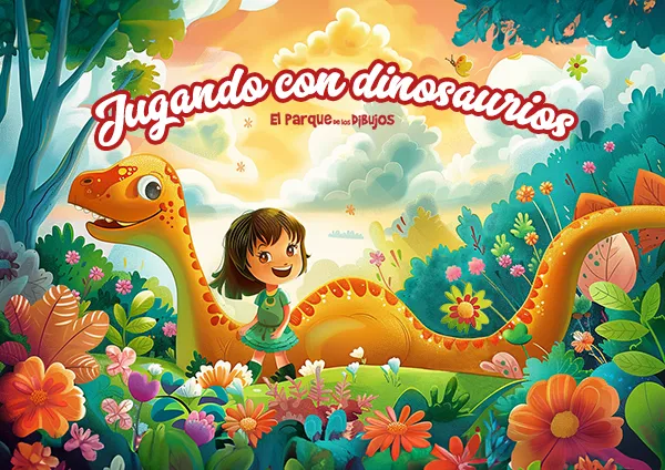 Ilustración infantil jugando con dinosaurios.