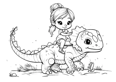 Dibujos infantiles para colorear, niña montando en un dinosaurio.