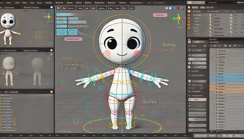 Proceso de rigging en un personaje en 3D.