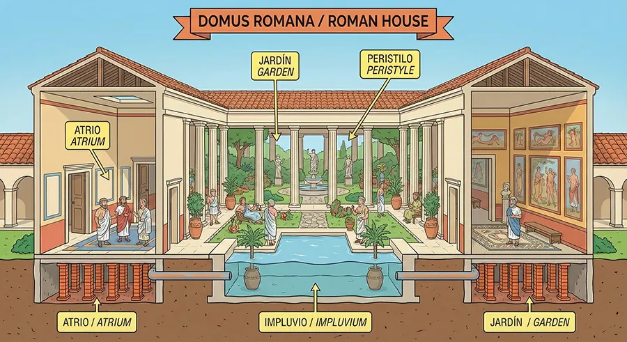 Ilustración detallada de una Domus, la vivienda de los romanos ricos, mostrando su estructura con patio interior y jardín, con etiquetas explicativas en español e inglés. Ilustración detallada de una Domus, la vivienda de los romanos ricos, mostrando su estructura con patio interior y jardín, con etiquetas explicativas en español e inglés.