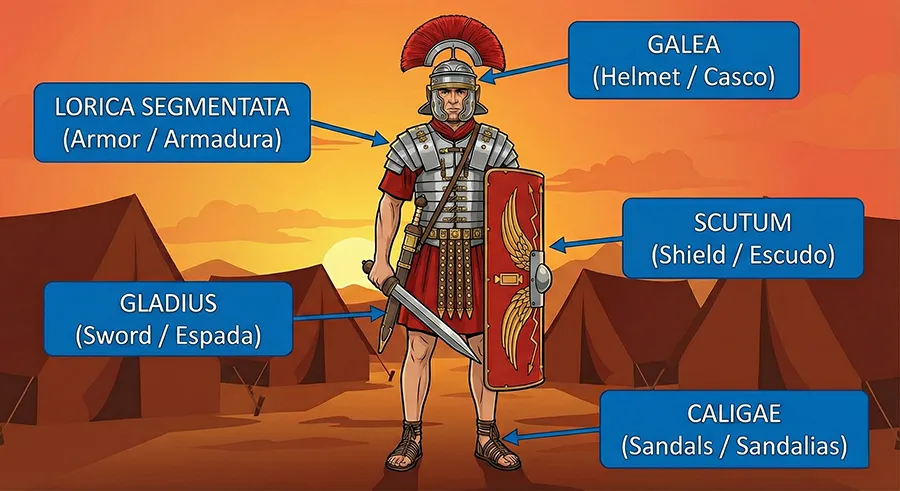 Ilustración estilo videojuego de un legionario romano con etiquetas señalando su equipamiento: casco (galea), armadura, escudo (scutum) y espada. Ilustración estilo videojuego de un legionario romano con etiquetas señalando su equipamiento: casco (galea), armadura, escudo (scutum) y espada.