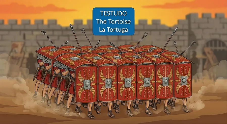 Ilustración de la famosa formación militar romana de la Tortuga (Testudo) con legionarios protegiéndose con escudos interconectados. Ilustración de la famosa formación militar romana de la Tortuga (Testudo) con legionarios protegiéndose con escudos interconectados.