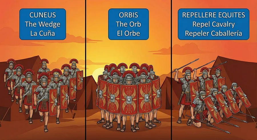 Ilustración que muestra tres formaciones de combate del ejército romano: La Cuña (Cuneus), El Orbe (Orbis) y defensa contra caballería. Ilustración que muestra tres formaciones de combate del ejército romano: La Cuña (Cuneus), El Orbe (Orbis) y defensa contra caballería.