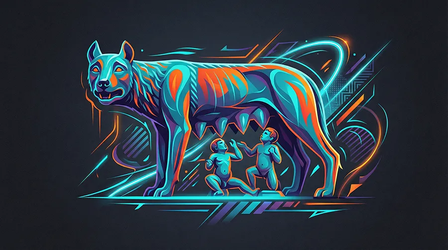 Ilustración vectorial moderna de la leyenda de la Loba Capitolina amamantando a los gemelos Rómulo y Remo, fundadores de Roma. Ilustración vectorial moderna de la leyenda de la Loba Capitolina amamantando a los gemelos Rómulo y Remo, fundadores de Roma.