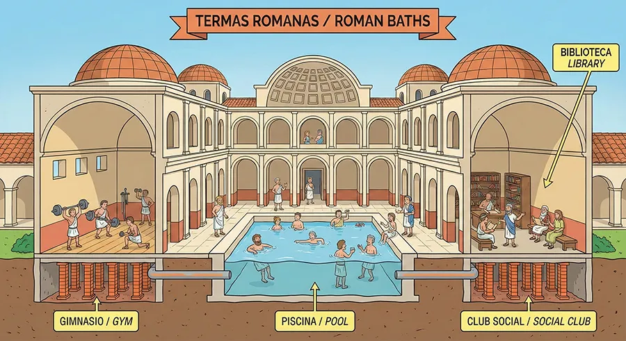 Ilustración detallada de unas Termas Romanas mostrando sus distintas funciones como centro social: zonas de baño, gimnasio y biblioteca, con etiquetas explicativas en español e inglés. Ilustración detallada de unas Termas Romanas mostrando sus distintas funciones como centro social: zonas de baño, gimnasio y biblioteca, con etiquetas explicativas en español e inglés.