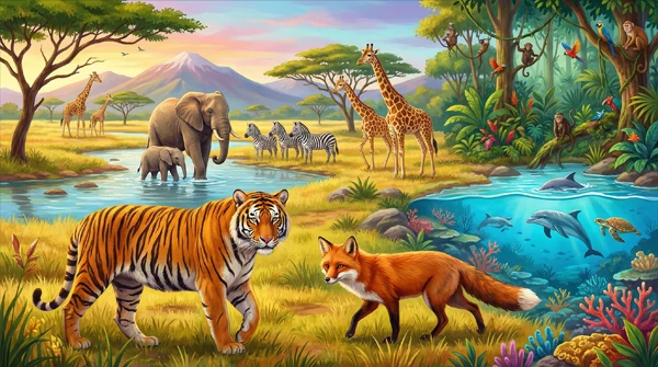 Vibrant illustration of the animal kingdom featuring a diverse range of wild animals like tigers, elephants, giraffes, and dolphins in their natural habitats, perfect for educational wildlife and nature drawing resources.