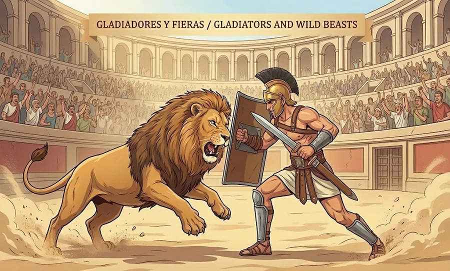 Gladiador luchando contra un león en el circo romano. Gladiador luchando contra un león en el circo romano.
