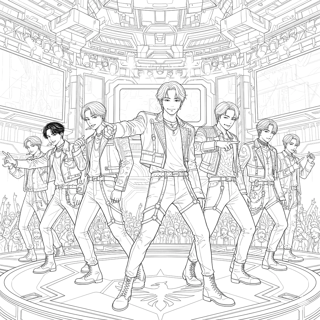 Grupo musical k-Pop de chicos para colorear. Grupo musical k-Pop de chicos para colorear.