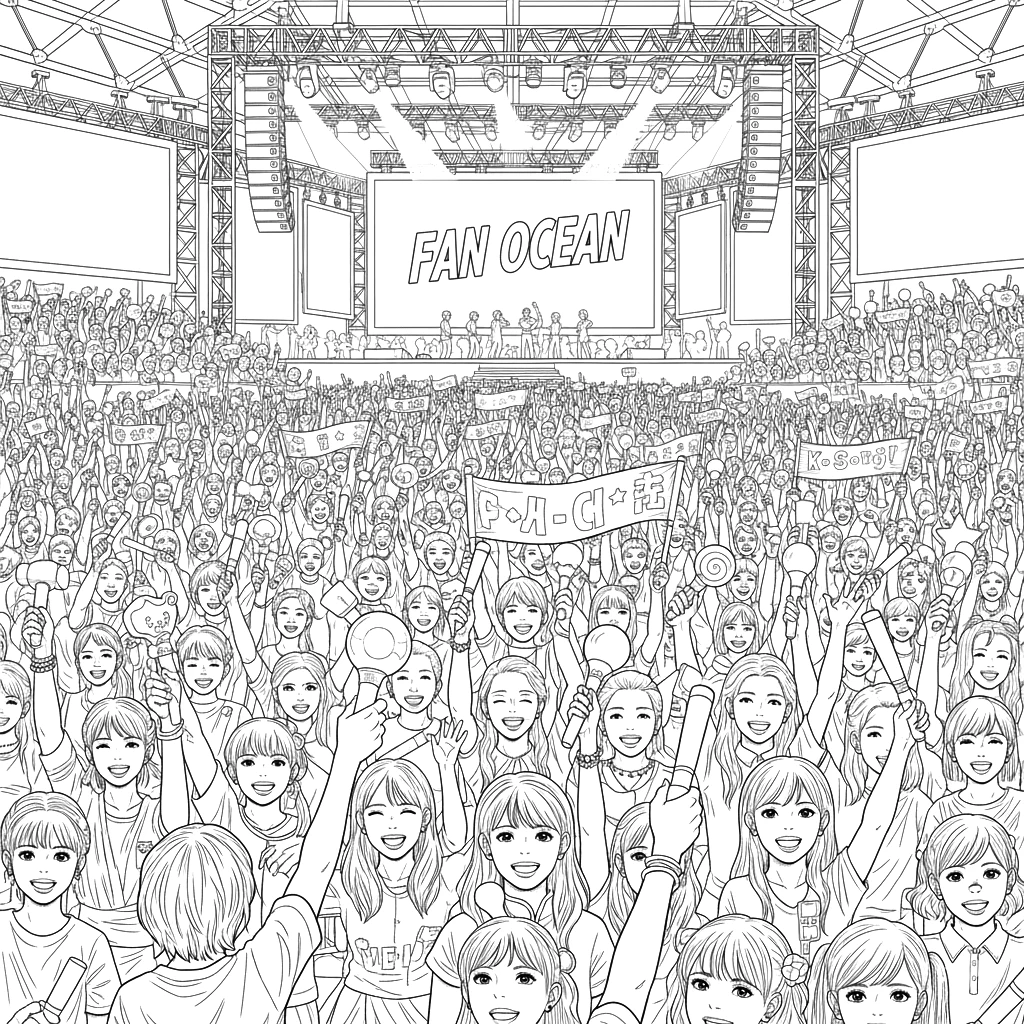 Imagen para colorear de K-Pop fans en un concierto con lightsticks Imagen para colorear de K-Pop fans en un concierto con lightsticks