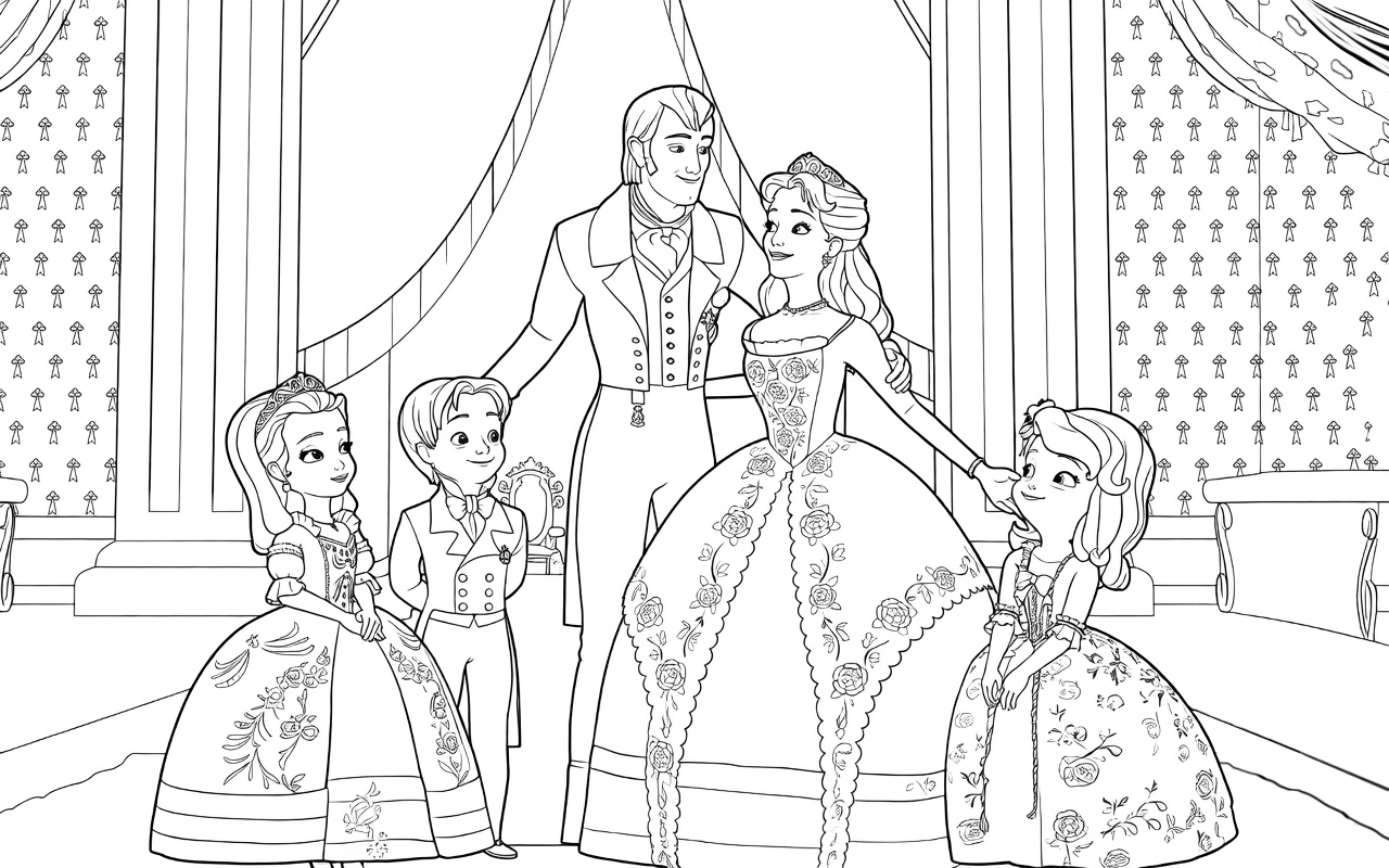 Imagen para colorear de La Princesa Amber, el Príncipe James, el Rey Roland II, la Reina Miranda y la Princesa Sofía