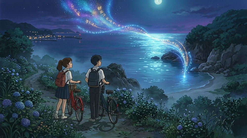 Following the luminous trail, the protagonists reach a cliff overlooking a secluded cove. The streak of light doesn't just decorate the sky; it plunges directly into the crystal-clear waters, like a glass needle sewing the firmament to the ocean. The silence is absolute, broken only by the soft murmur of the waves, which now glow with an electric blue.