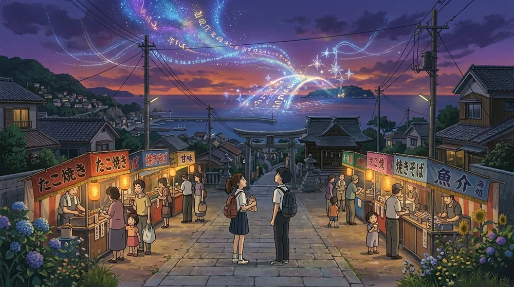 In the heart of the local market, amidst the aroma of yakisoba and the glow of lanterns, time seems to freeze. While the townspeople go about their lives, a trail of magical light and celestial symbols emerges over the sea, connecting the real world with the unseen. It is the beginning of the phenomenon that gives our story its name.