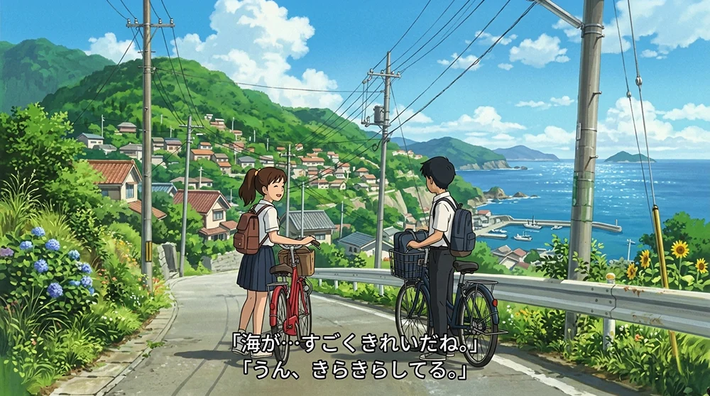 The sea... it's truly beautiful, isn't it? Yes, it's sparkling.