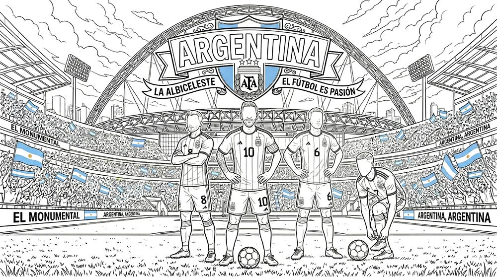 Dibujo para colorear de futbolistas de la Selección Argentina de Fútbol.