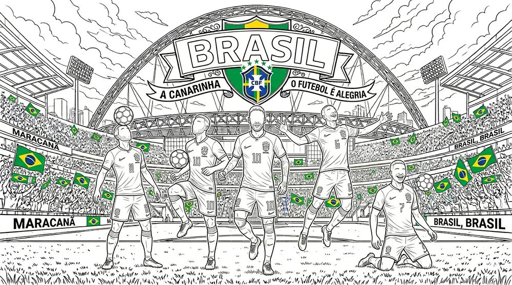 Dibujo para colorear de futbolistas de la Selección Brasileña.
