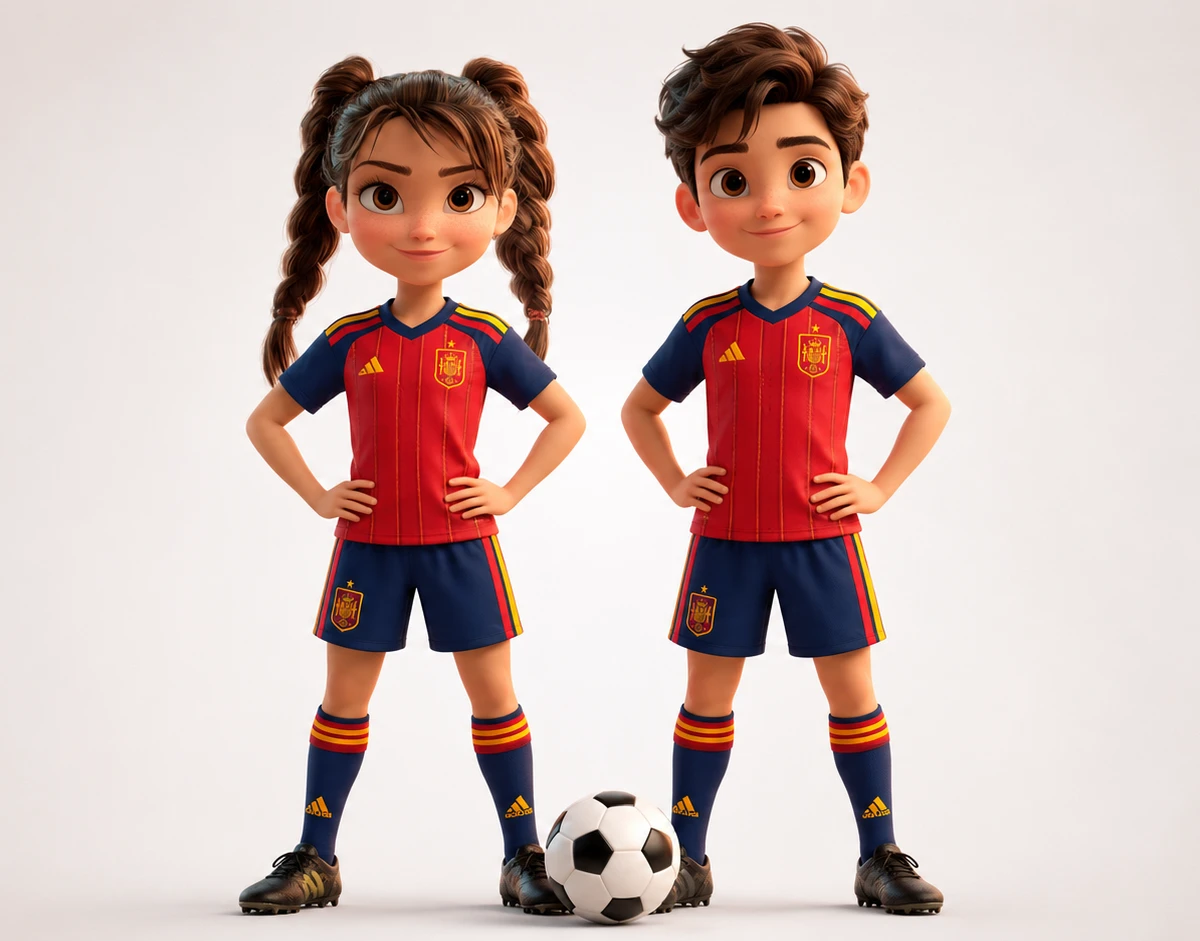 Andrea y Mario con el uniforme de España, la equipación de la Selección Nacional de Fútbol Andrea y Mario con el uniforme de España, la equipación de la Selección Nacional de Fútbol