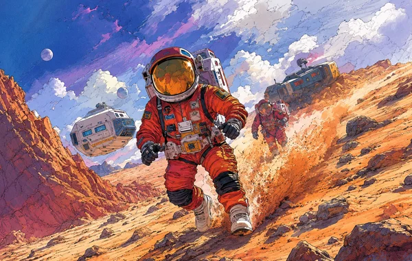 Illustration of two astronauts exploring a planet
