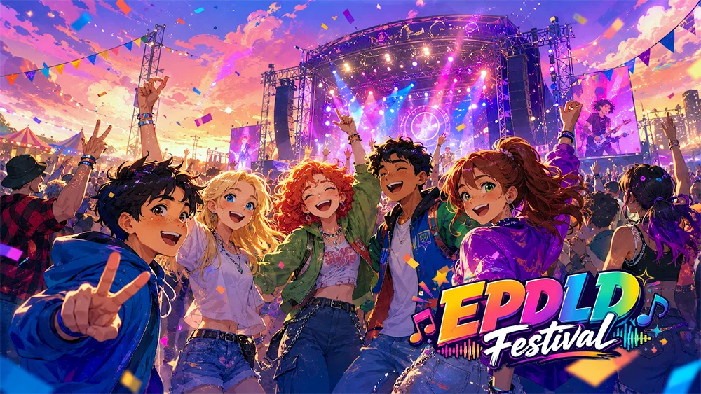 Ilustración de un festival de música con escenario, luces y un grupo de amigos disfrutando del concierto.