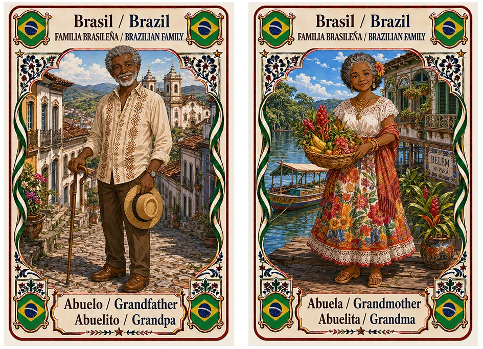 Juego de cartas familias del mundo. Brasil, abuelo y abuela.