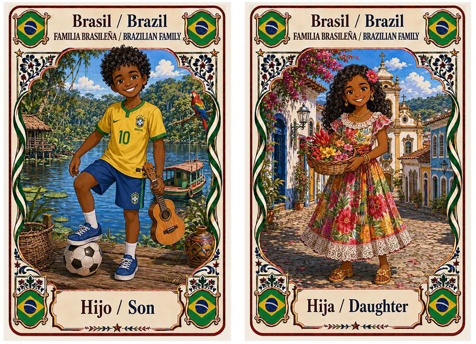 Juego de cartas familias del mundo. Brasil, hijo e hija.