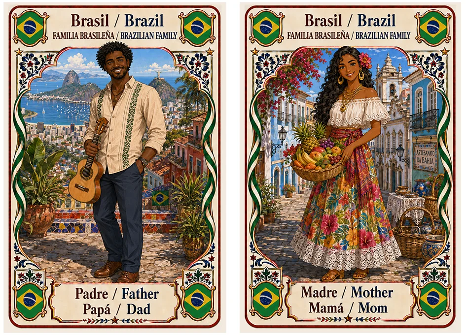 Juego de cartas familias del mundo. Brasil, padre y madre.