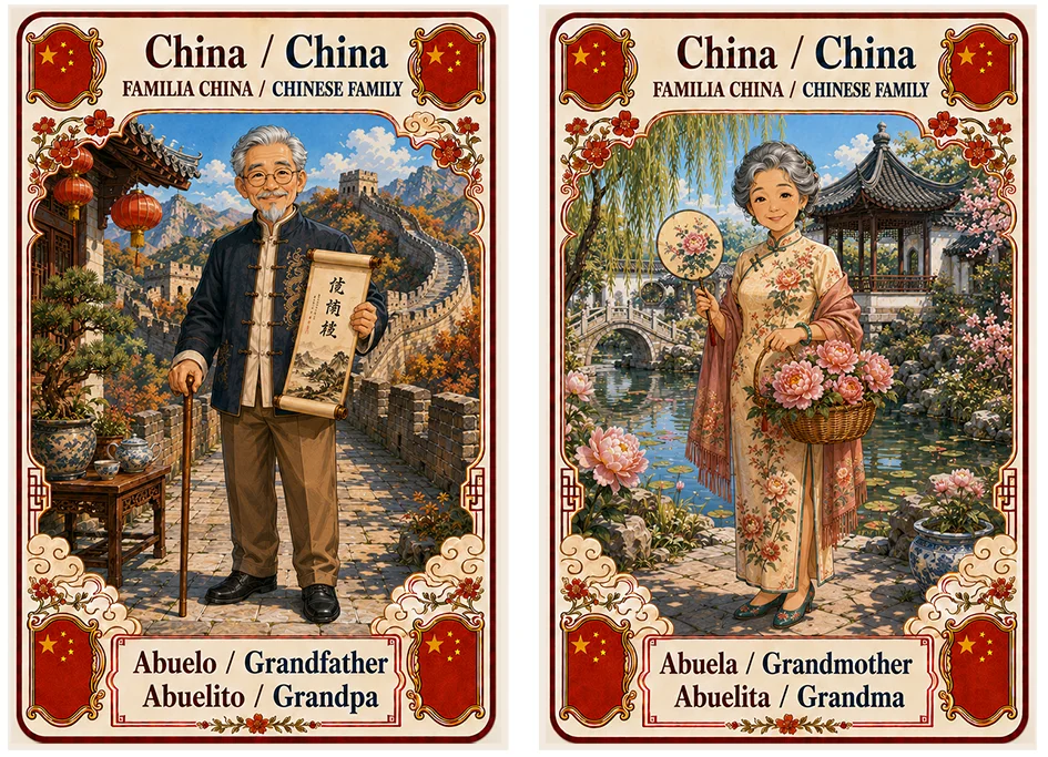 Juego de cartas familias del mundo. China, abuelo y abuela.