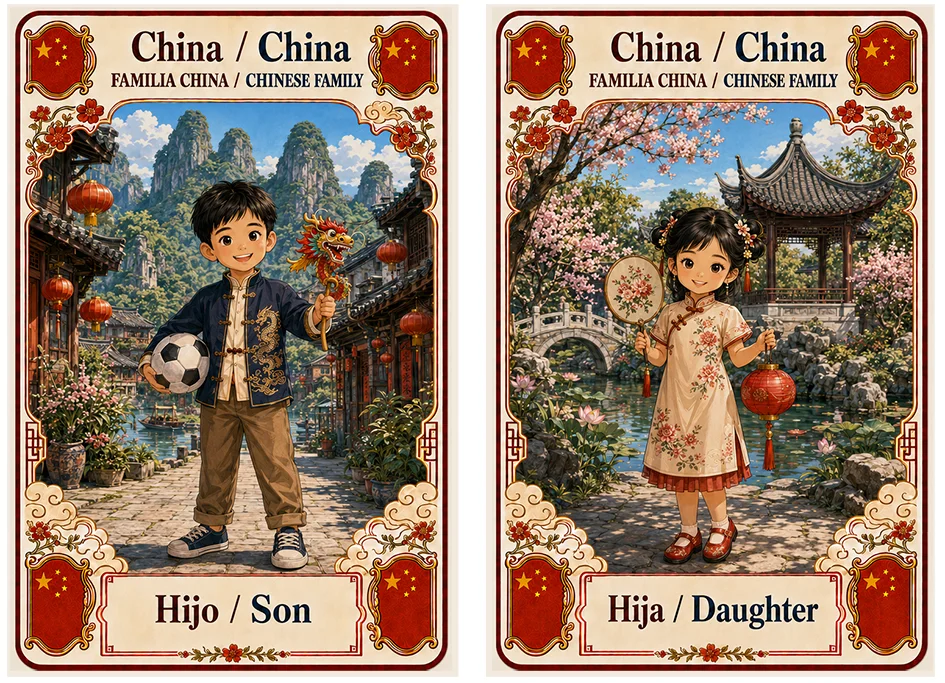 Juego de cartas familias del mundo. China, hijo e hija.