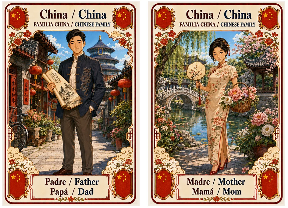 Juego de cartas familias del mundo. China, padre y madre.