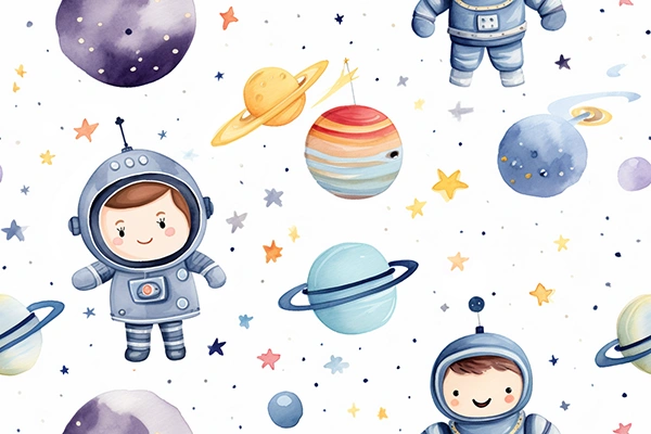 Drawing to decorate a child's room with astronauts and planets.