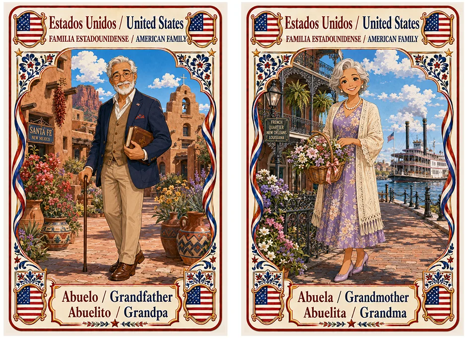 Juego de cartas familias del mundo. Estados Unidos abuelo y abuela.