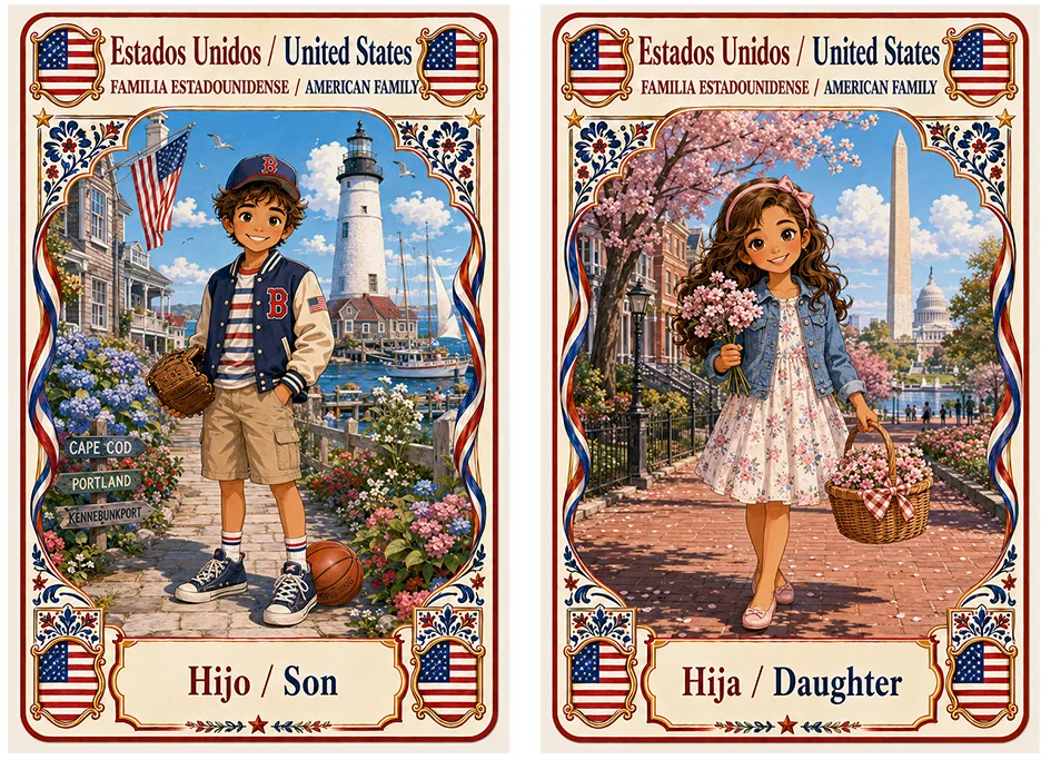 Juego de cartas familias del mundo. Estados Unidos, hijo e hija.
