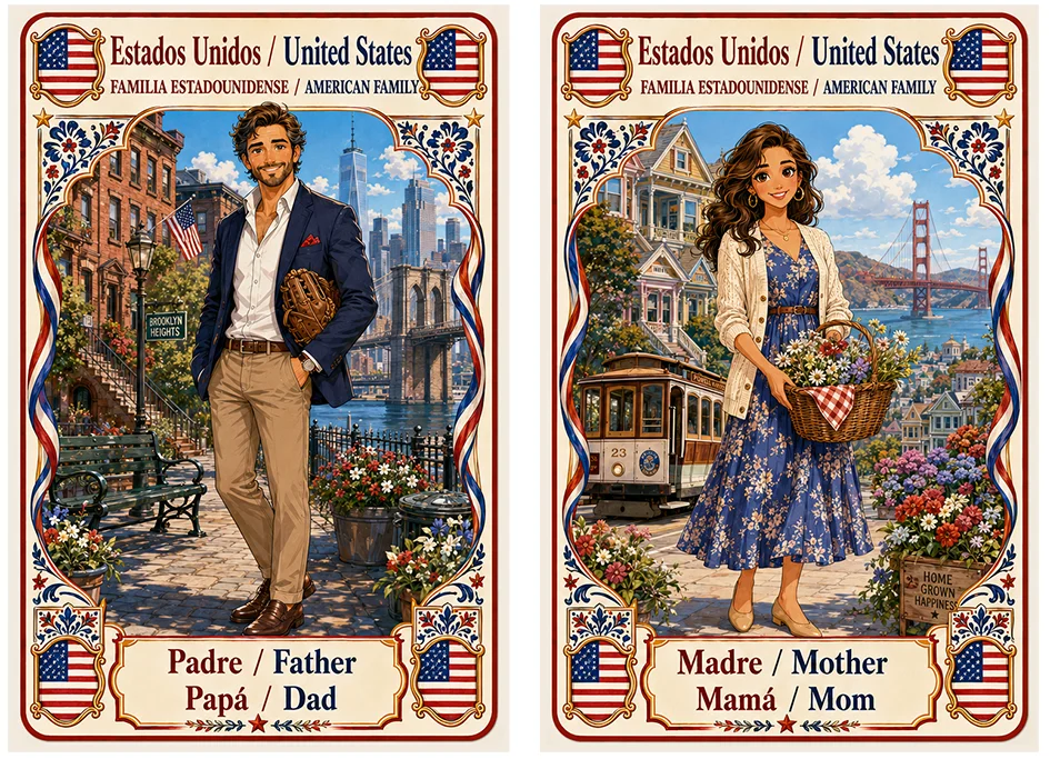 Juego de cartas familias del mundo. Estados Unidos padre y madre.