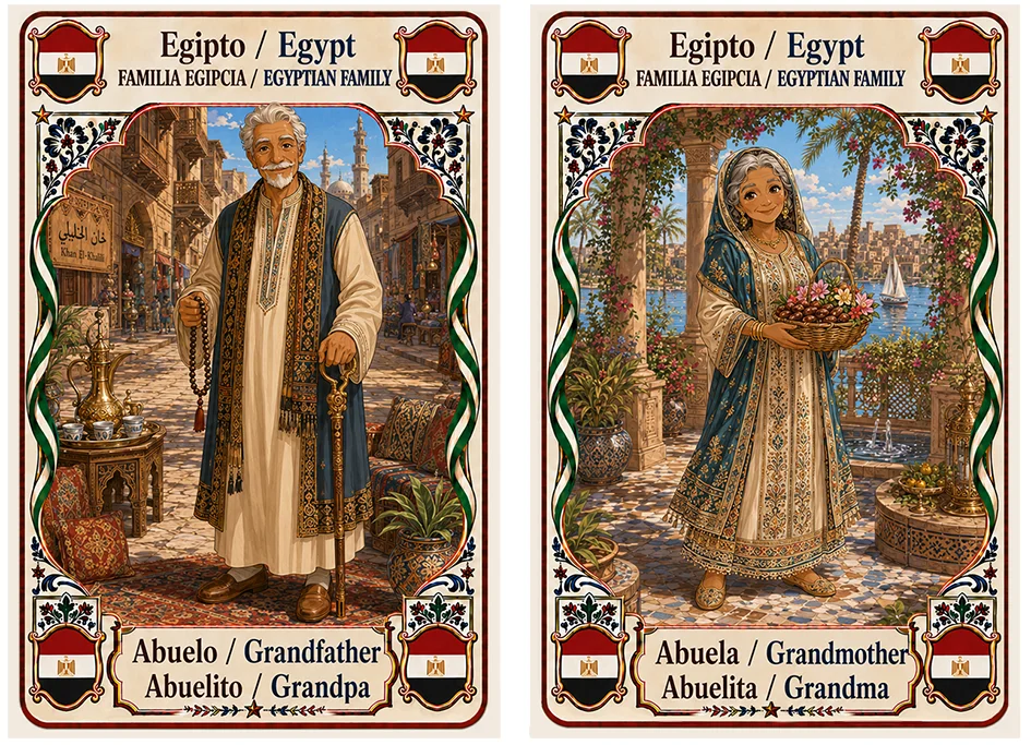 Juego de cartas familias del mundo. Egipto, abuelo y abuela.